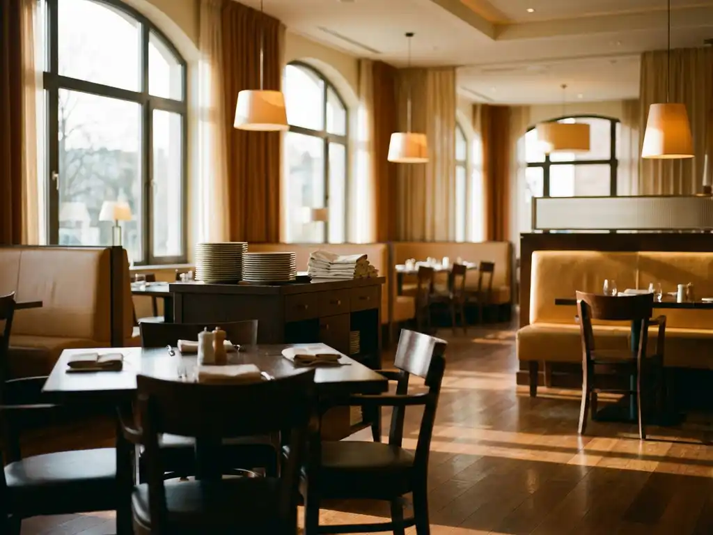 Lege restaurantzaal met houten tafels en stoelen, zacht middaglicht door grote ramen, gestapelde borden op tafels