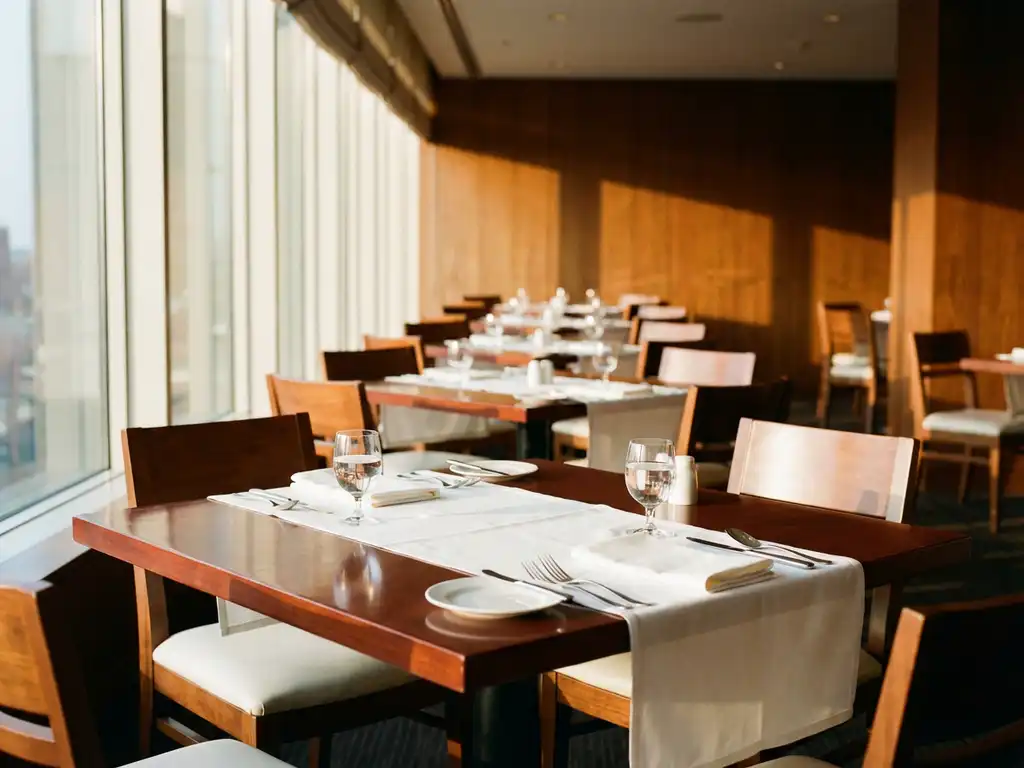 Leeg restaurant met houten tafels, witte tafelkleden en glanzend bestek in warm gouden licht