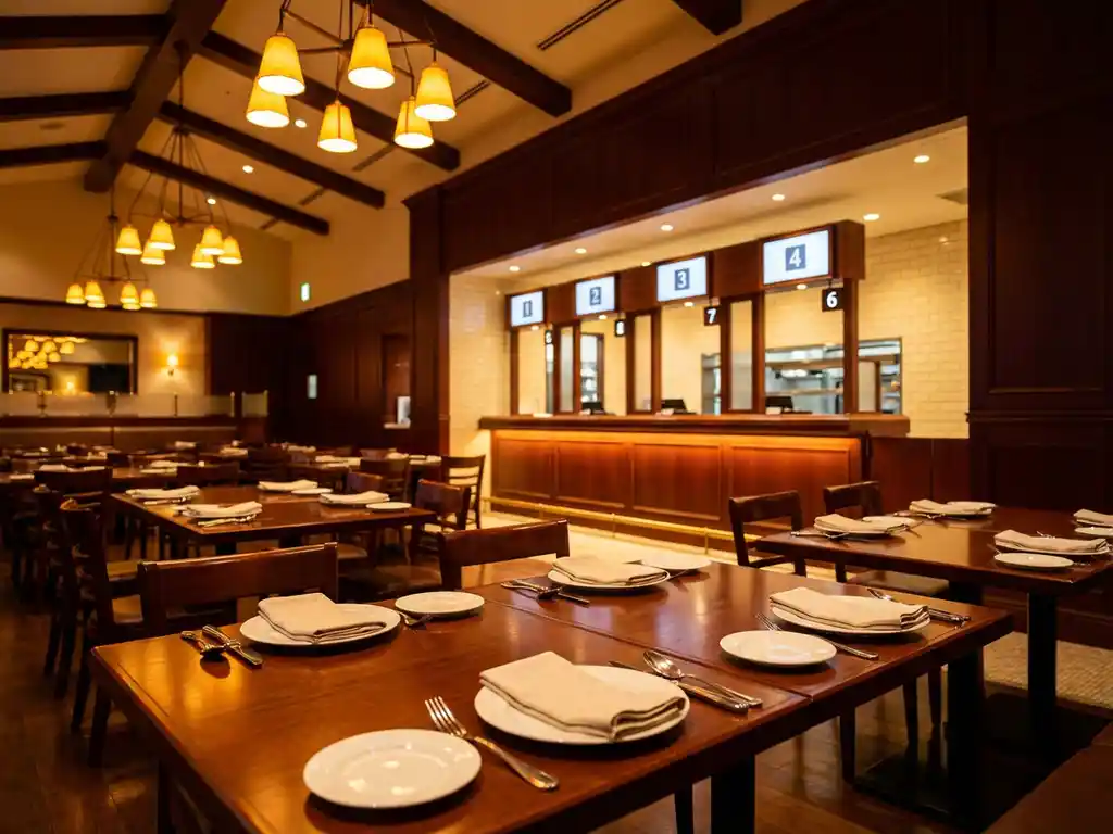 Leeg restaurant met houten tafels, witte borden en bestek onder warme hanglampen, afhaalbalie op achtergrond