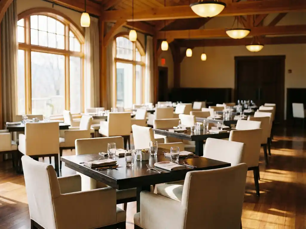 Leeg restaurant met houten tafels, gestoffeerde stoelen en warme hanglampen bij daglicht