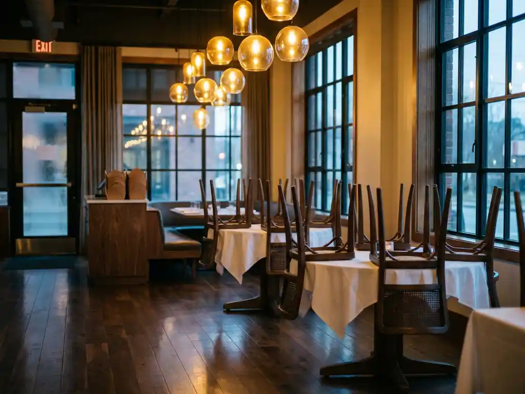 Leeg restaurant met houten vloeren, witte tafellakens, omgekeerde stoelen en warme hanglampen bij avondlicht