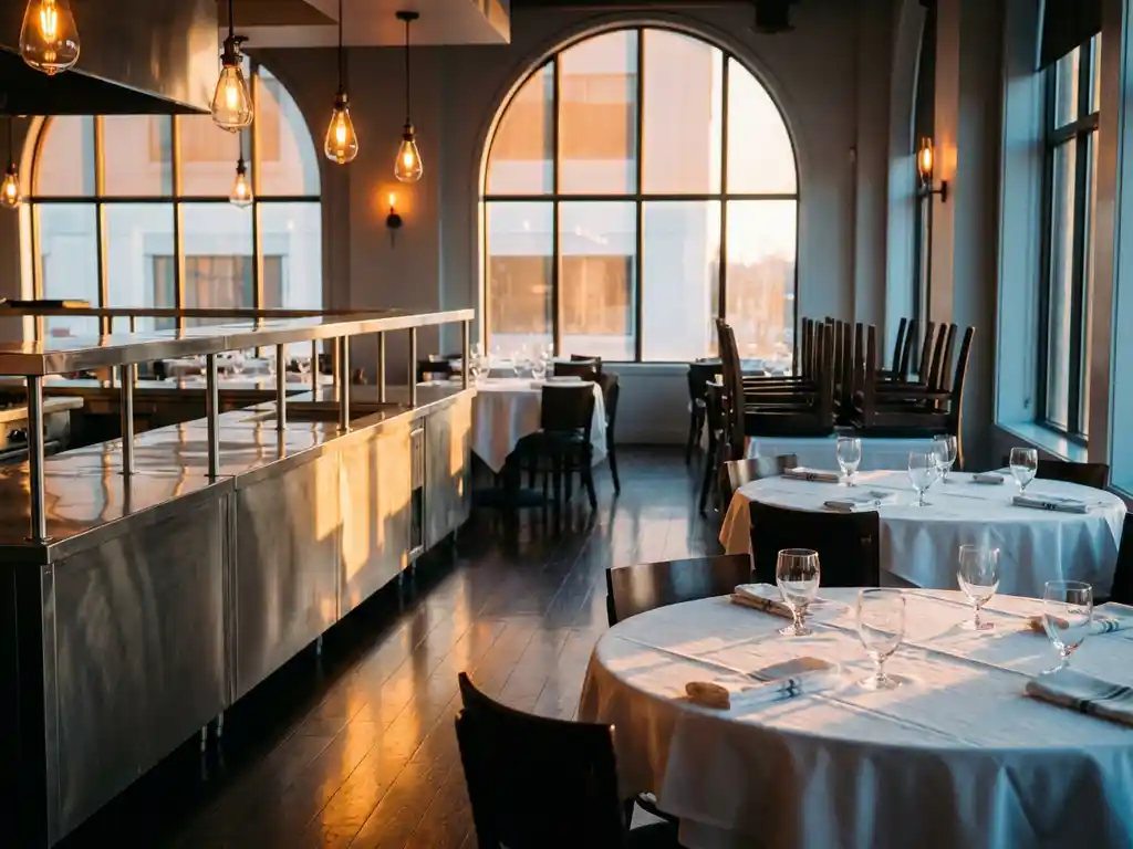 Leeg restaurant met glanzende houten vloeren, witte tafellakens op ronde tafels, opgestapelde stoelen en warm licht door grote ramen