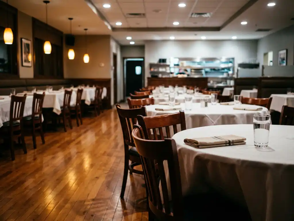 Lege restaurantruimte met glanzende houten vloeren, witte tafellakens en netjes ingeschoven stoelen tijdens sluitingstijd