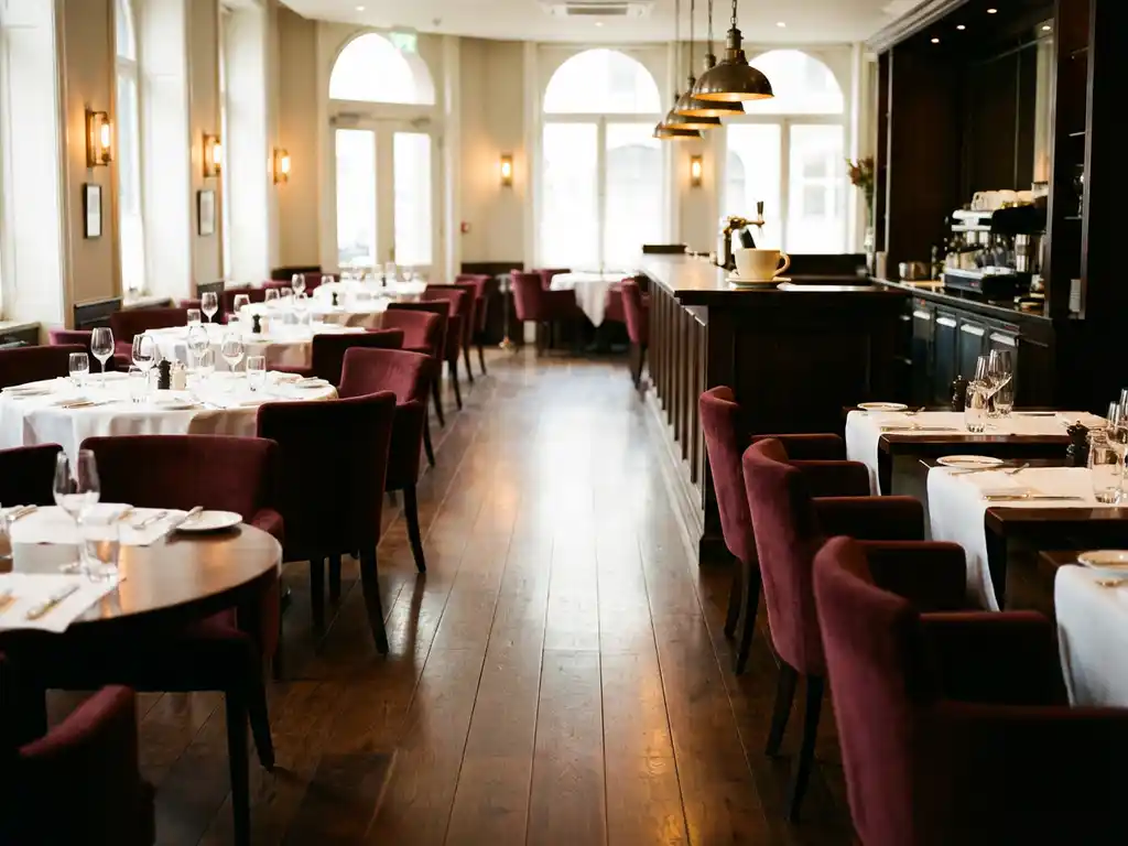 Leeg restaurant met glanzende hardhouten vloeren, wit gedekte tafels, bordeauxrode fluwelen stoelen en warme hanglampen