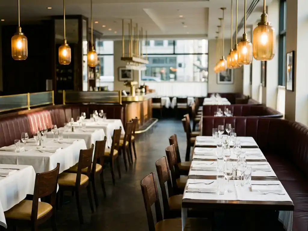 Elegant restaurant interieur met witte tafellakens, gepolijst bestek en warme amber hanglampen boven lege tafels