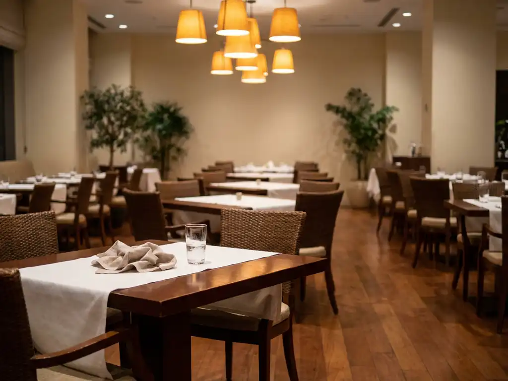 Leeg modern restaurant met witte tafellakens, nette stoelen en warme hanglampen die reflecteren op gepolijste houten vloeren