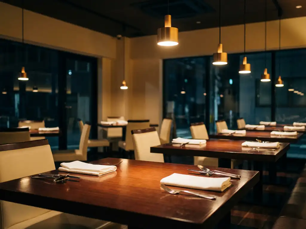 Lege moderne restaurantzaal na sluitingstijd met gedekte tafels, witte tafellinnen en warm hanglamplicht