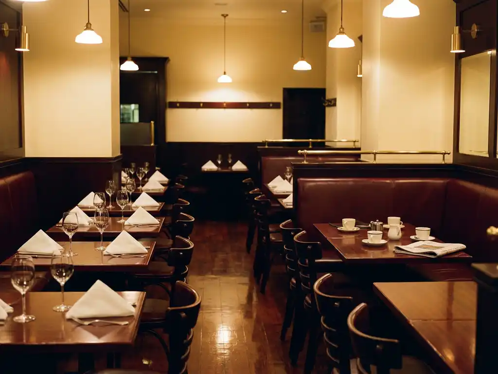 Leeg restaurant met houten tafels, witte servetten, wijnglazen en bordeauxrode banken na sluitingstijd