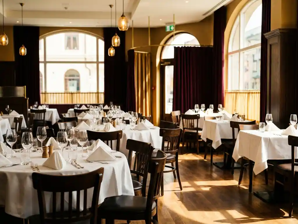 Lege restaurantzaal met ronde tafels in wit linnen, houten stoelen en warme verlichting door grote ramen