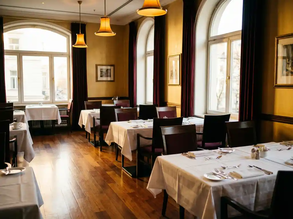 Lege restaurantzaal met wit gedekte tafels, glanzend bestek en warme hanglampen die reflecteren op gepolijste houten vloeren