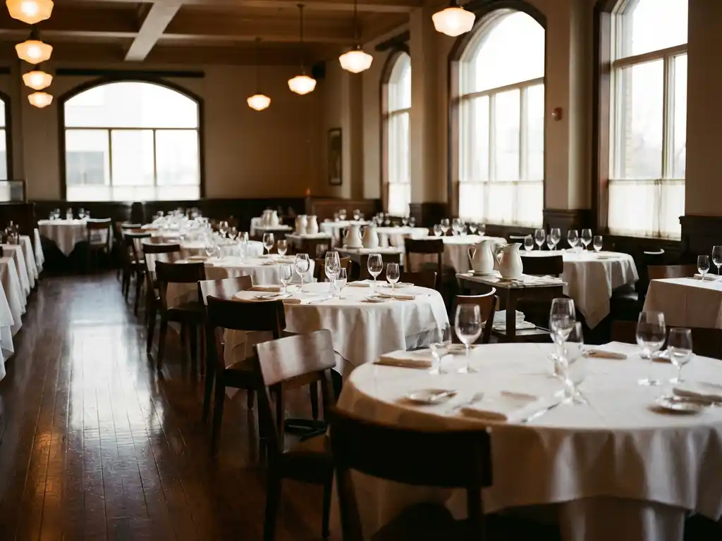Lege restaurantzaal met gedekte ronde tafels, witte tafellakens, hangende lampen en grote ramen met daglicht