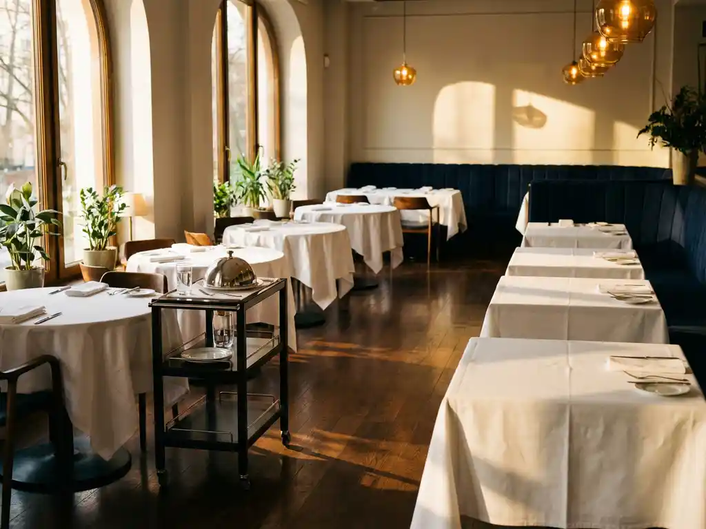Lege restaurantzaal met gedekte tafels in wit linnen, bezorgkarretje met afgedekt bord, warme middagzon door grote ramen