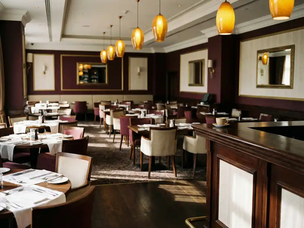 Leeg restaurant met gedekte tafels, witte tafellinnen, gepolijst bestek en warme hanglampverlichting