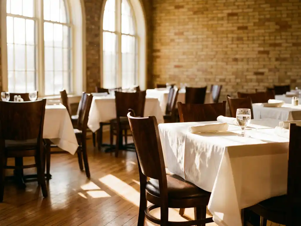 Elegante restaurantzaal met witte tafellakens en houten stoelen, warme middagzon door grote ramen