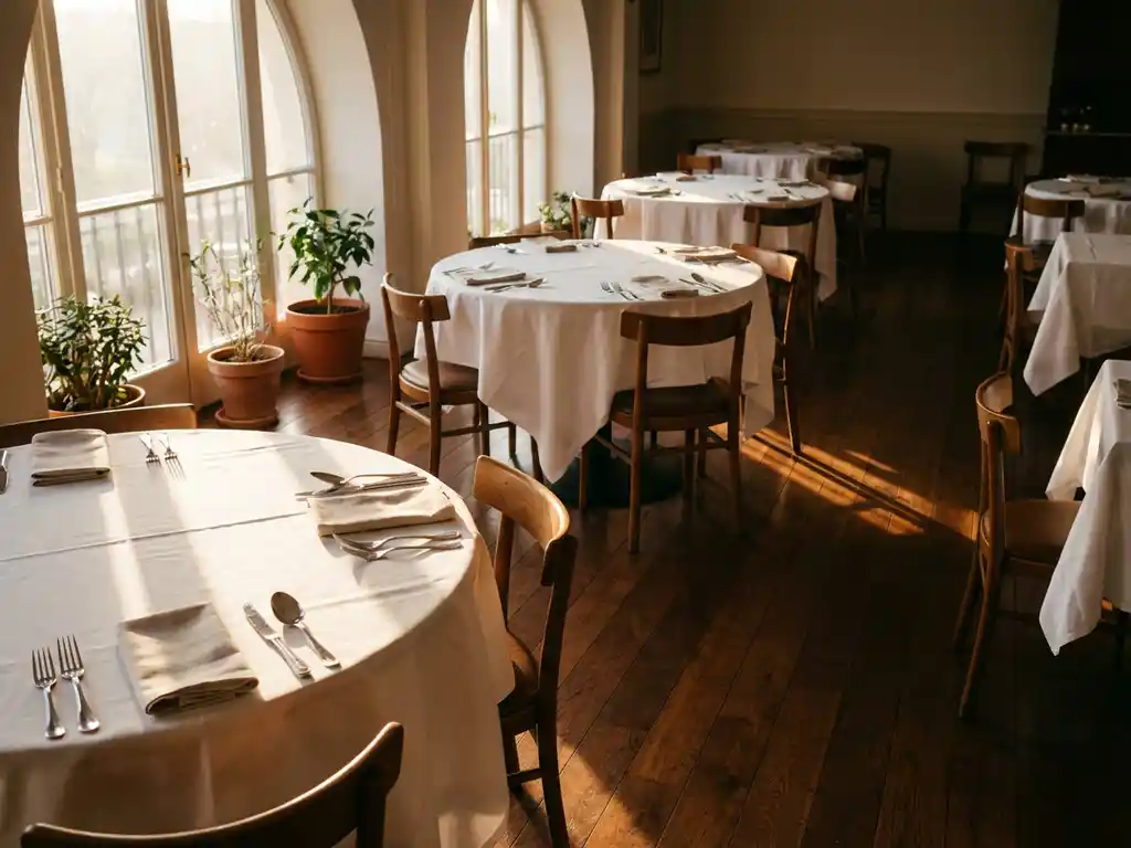 Lege restaurantzaal met wit linnen gedekte tafels, gepolijst bestek en warme houten vloeren in natuurlijk licht