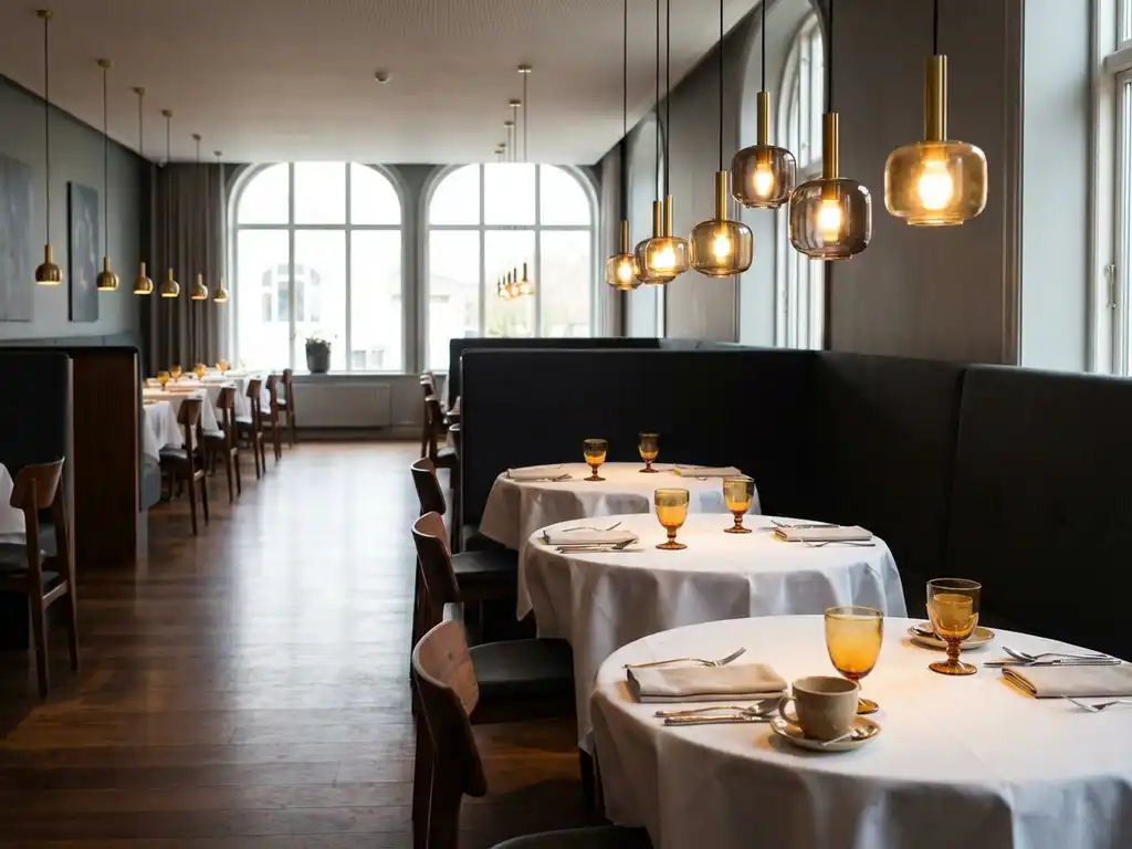 Elegant restaurant met lege tafels, witte tafelkleden, glanzend bestek en warme hanglampen op gepolijste houten vloeren