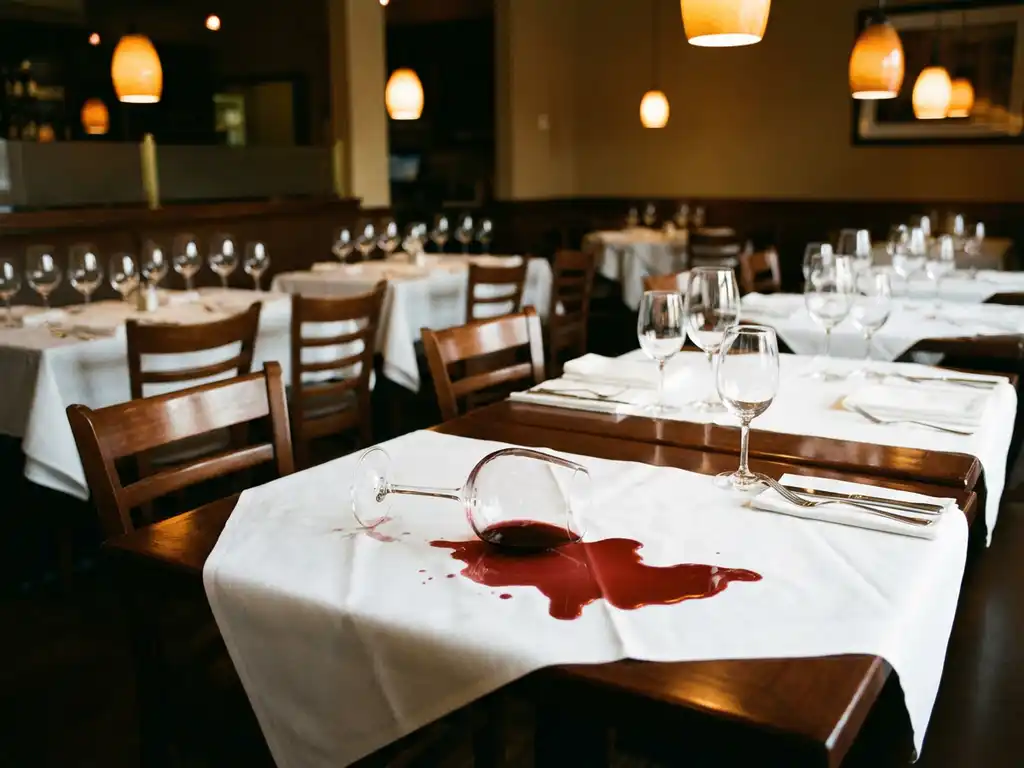 Elegante restaurantzaal met gedekte tafels, wit tafellinnen en een omgevallen wijnglas met rode wijn op het tafelkleed