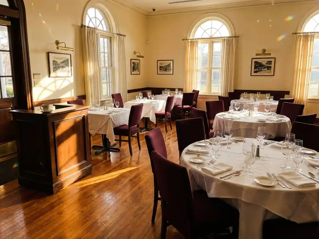 Leeg restaurant met witte tafellakens en gedekte tafels, warme middagzon door hoge ramen op gepolijste houten vloer