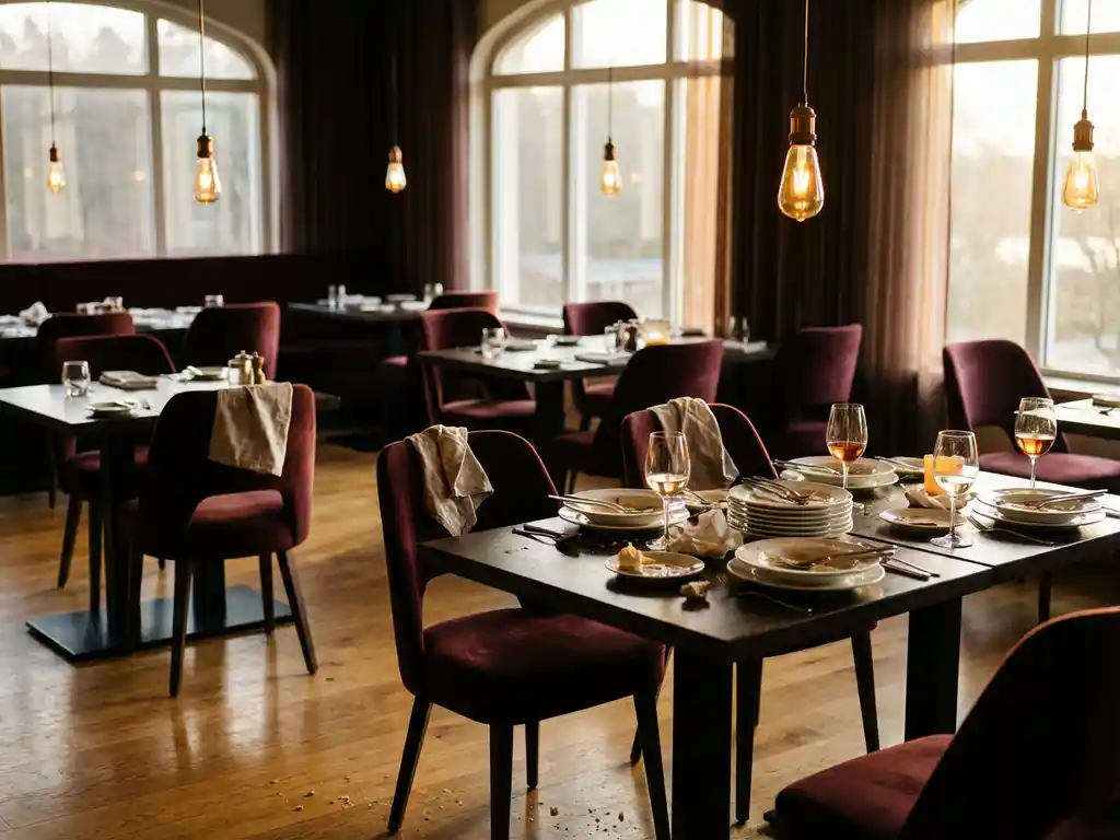 Leeg restaurant met gestapelde borden op donkere houten tafels, wijnglazen in warm licht van hangende lampen