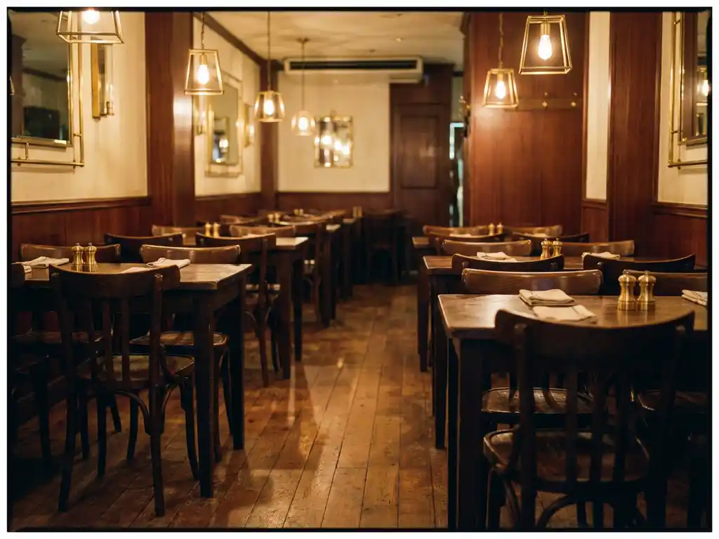 Smal restaurantinterieur met dicht opgestelde houten tafels en stoelen, warme hanglampverlichting op gepolijste hardhouten vloer