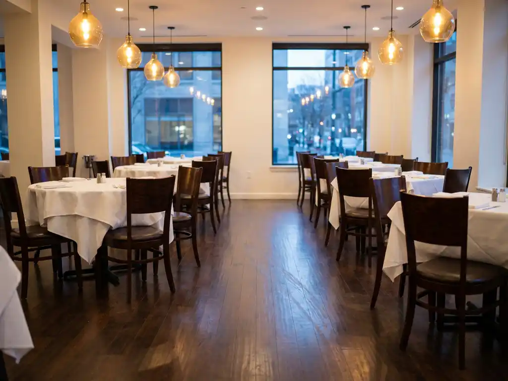 Leeg restaurant met glanzende houten vloeren, witte tafellakens op ronde tafels en netjes ingeschoven stoelen