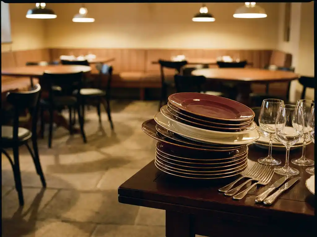 Stapel zware keramische borden op gepolijste restauranttafel met wijnglazen en bestek in warm verlichte eetkamer