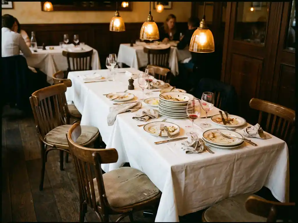 Rommelige restauranttafel met vuile borden, wijnglazen met lippenstiftvlekken en verkreukelde servetten onder warme hanglampverlichting