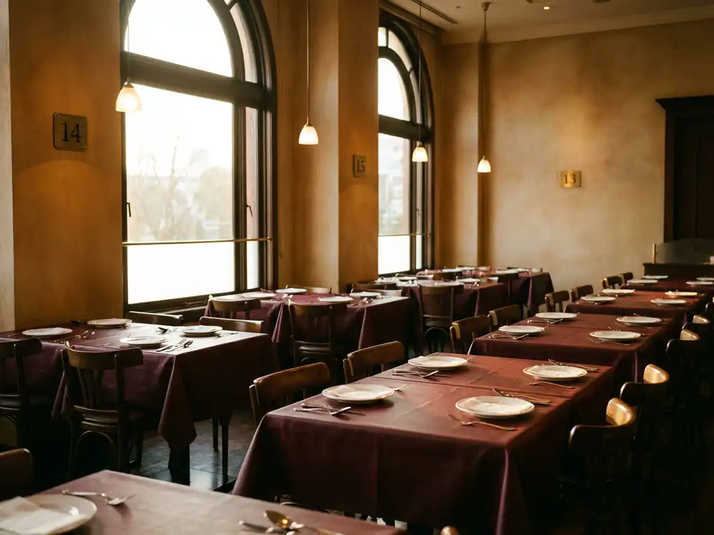 Lege restaurantzaal met genummerde tafels in rijen, witte borden en bestek op bordeauxrode tafelkleden, warme hanglampen