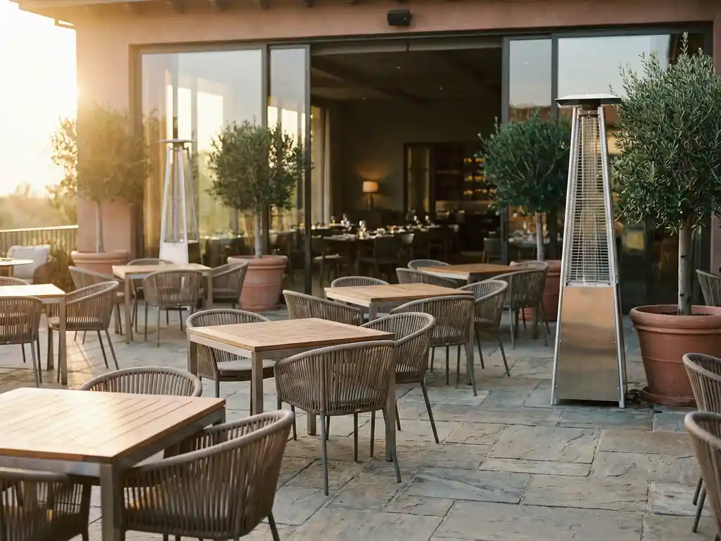 Leeg restaurantterras met moderne tafels en stoelen op verweerde stenen vloer, glazen schuifdeuren, olijfbomen en terrasverwarming in gouden avondlicht