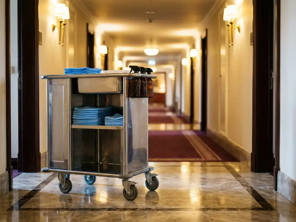 Gepolijste roestvrijstalen schoonmaakkar met microvezeldoeken en sprayflessen in lege hotelgang met marmeren vloer