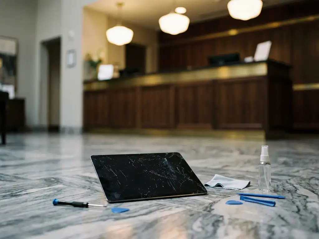 Kapotte tablet met gebarsten scherm op marmeren hotelvloer naast onderhoudsgereedschap en schoonmaakmiddelen