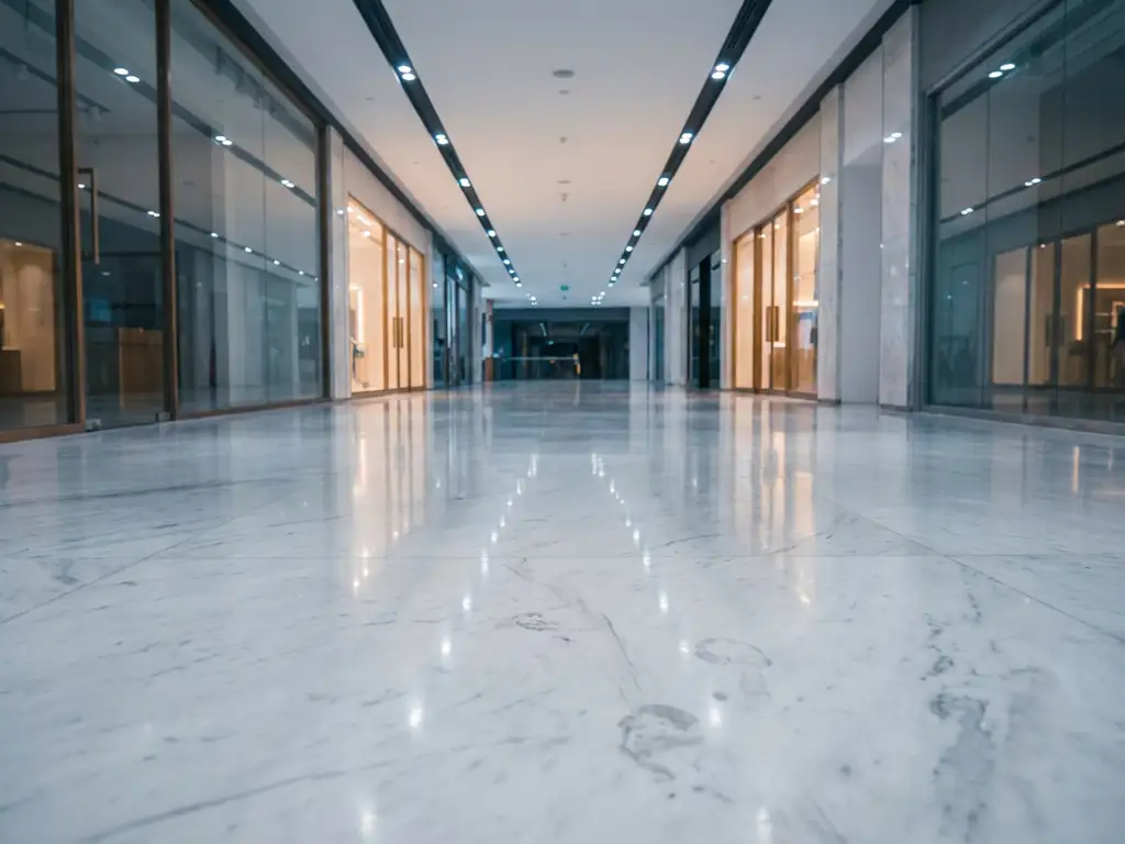 Lege winkelcentrum gang met gepolijste marmeren vloeren en moderne winkelpuien met glazen gevels aan beide zijden