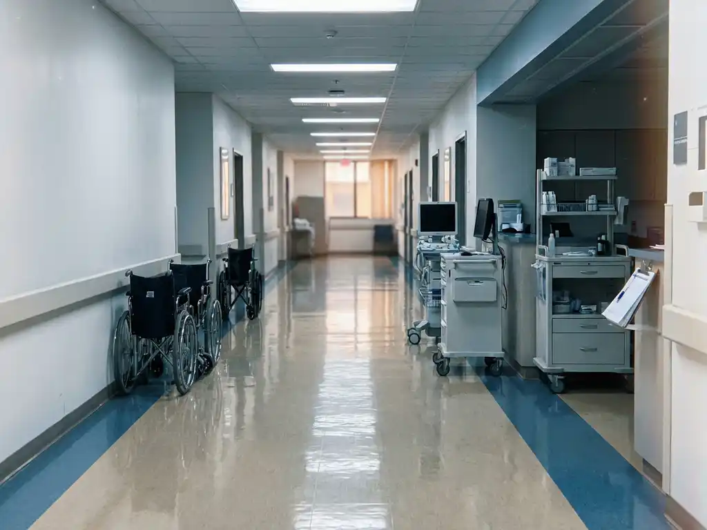 Lege ziekenhuisgang met glanzende vloeren, rolstoelen langs witte muren en medische apparatuur onder fluorescerende verlichting
