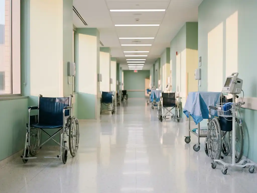 Lege ziekenhuisgang met glanzende witte vloeren, lichtgroene muren, rolstoelen en handdesinfectie-dispensers