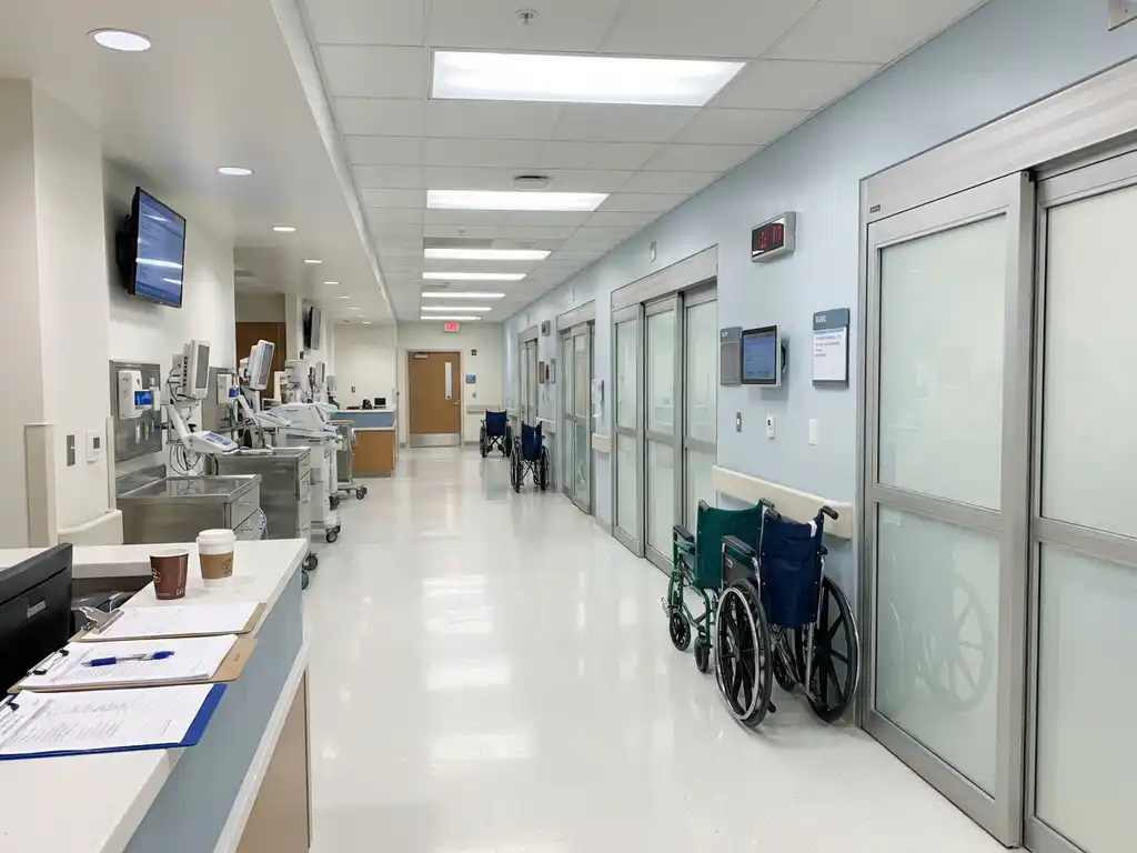 Lege ziekenhuisgang met glanzende witte vloeren, medische apparatuur langs steriele muren en lege rolstoelen bij deuren