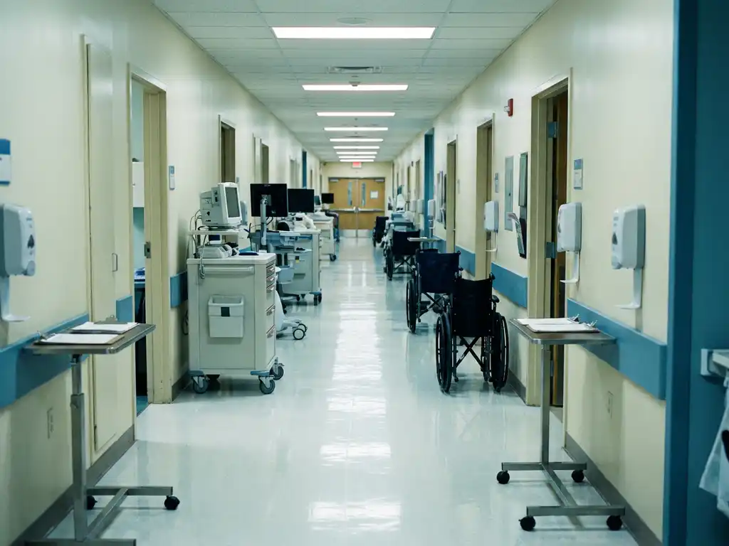 Lege ziekenhuisgang met glanzende witte vloeren, medische apparatuur langs cremekleurige muren en keurig geparkeerde rolstoelen