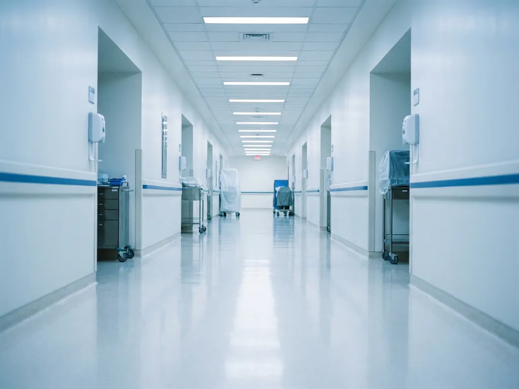 Lege ziekenhuisgang met glanzende witte vloeren, handdesinfectie-dispensers en medische apparatuur langs steriele muren