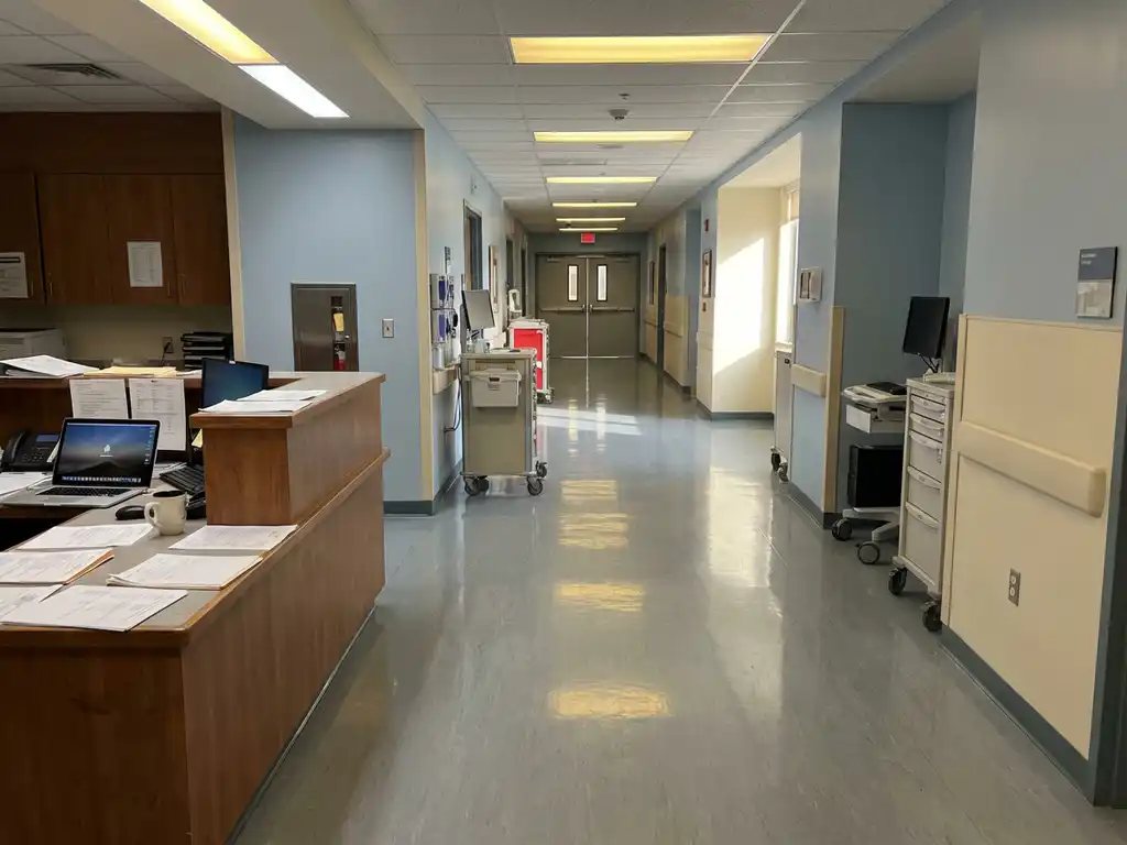 Lege ziekenhuisgang met glanzende witte vloeren, medische apparatuur en verpleegstersbalie met laptop en papieren