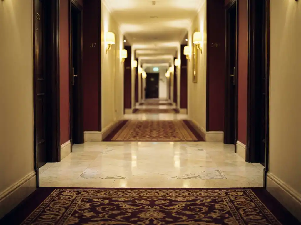 Lege hotelgang met marmeren vloeren, bordeauxrode lopers en warme houten deuren onder zachte wandverlichting
