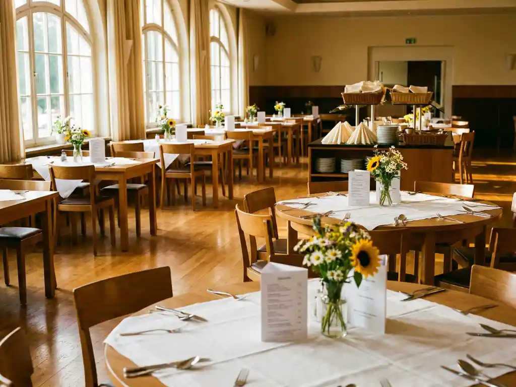 Lege restaurantzaal met gedekte tafels, witte tafelkleden en zilverwerk in warm zonlicht door grote ramen