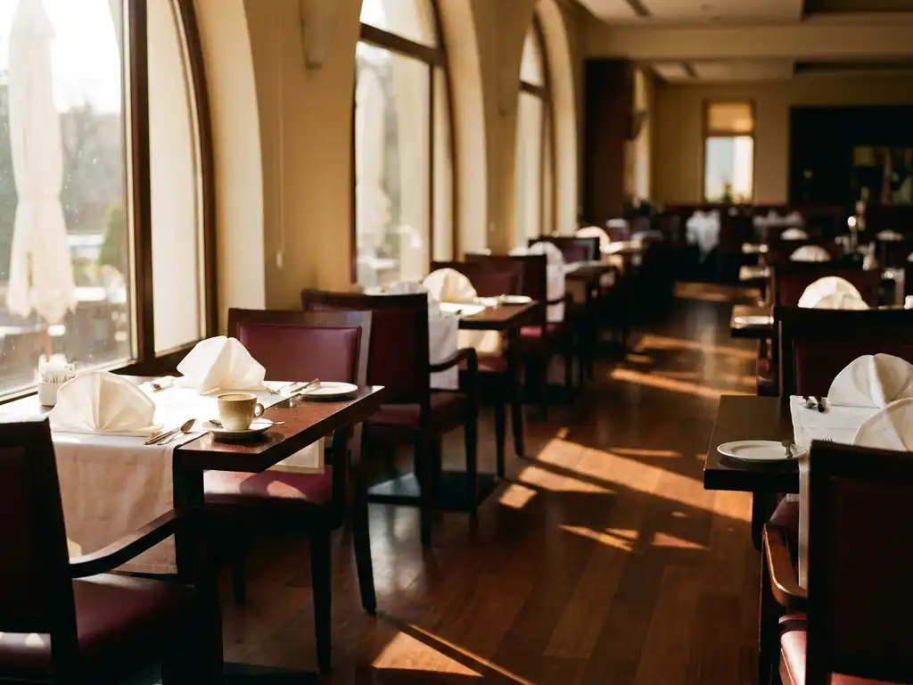 Lege restaurantzaal met netjes gedekte tafels, koffiekopje en gevouwen servetten, warme avondzon door grote ramen op houten vloer
