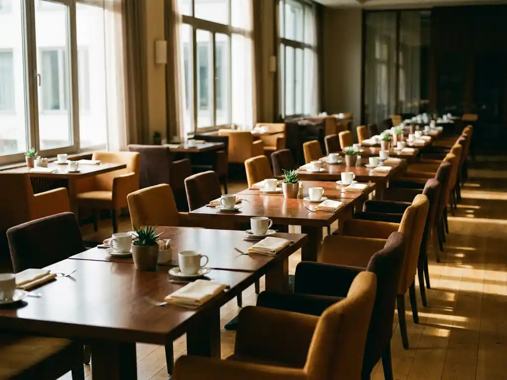 Lege restaurantruimte met houten tafels en gestoffeerde stoelen, zachte middaglicht door grote ramen, koffiekopjes op tafels