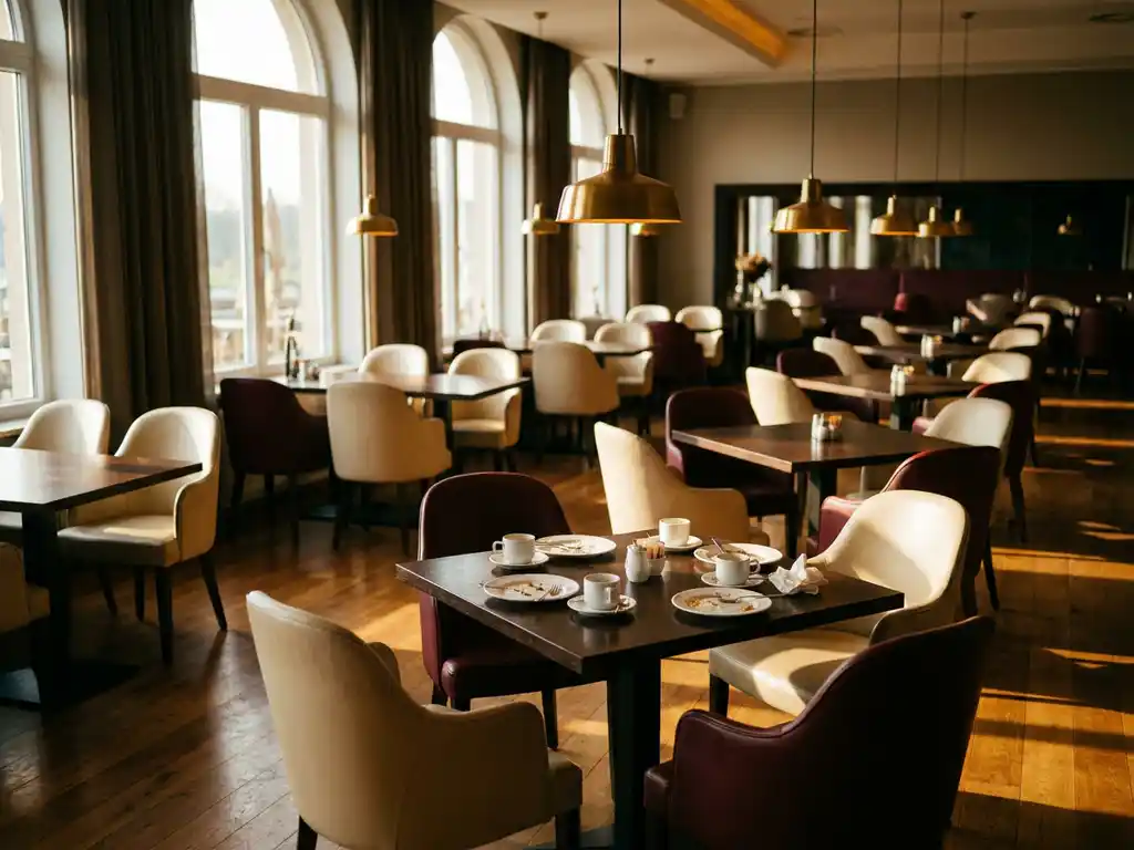 Lege restaurantzaal met houten tafels en gestoffeerde stoelen, achtergelaten koffiekopjes en borden, warme hanglampen en gouden uurtje licht door grote ramen