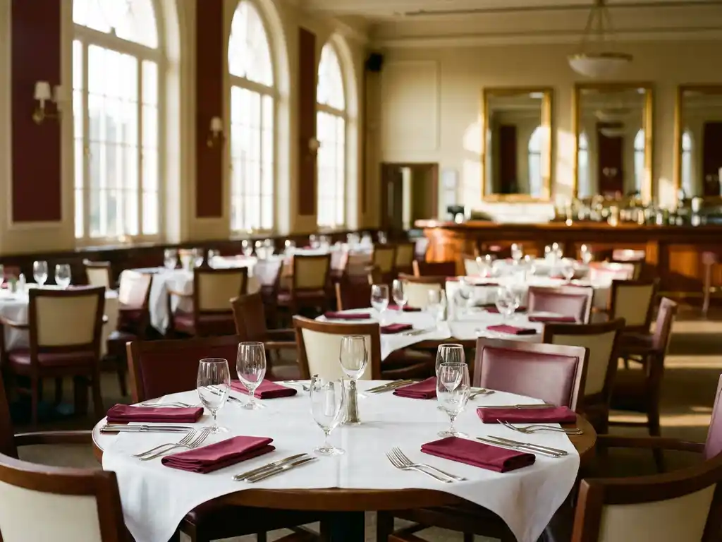 Leeg restaurant met gedekte tafels, witte tafelkleden en gepolijst bestek in warm middaglicht door grote ramen