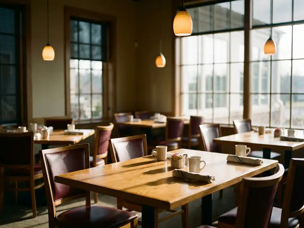 Leeg restaurant met netjes gerangschikte tafels en stoelen, warme hanglampen en natuurlijk licht door grote ramen