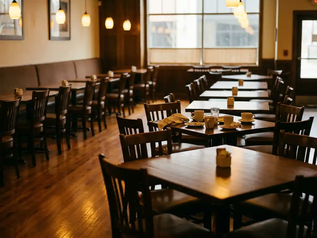 Leeg restaurant met houten tafels en stoelen, glanzende hardhouten vloeren en achtergelaten koffiekopjes
