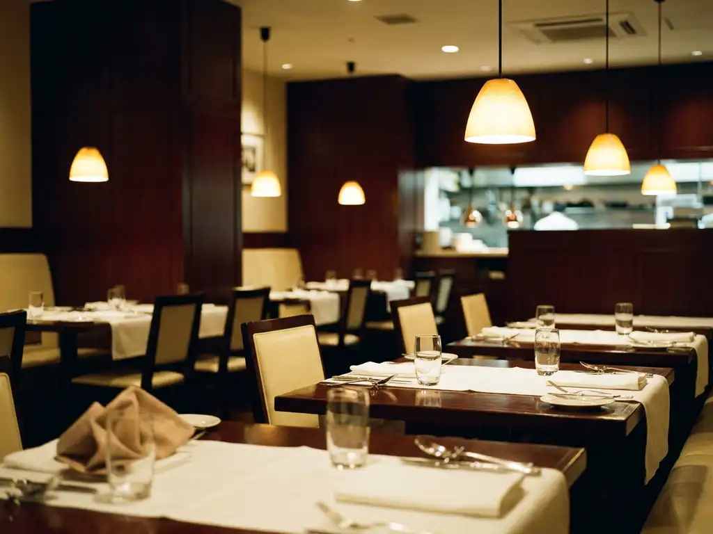 Leeg restaurant na sluitingstijd met gedekte tafels, witte tafellinnen en glanzend bestek onder warme hanglampen