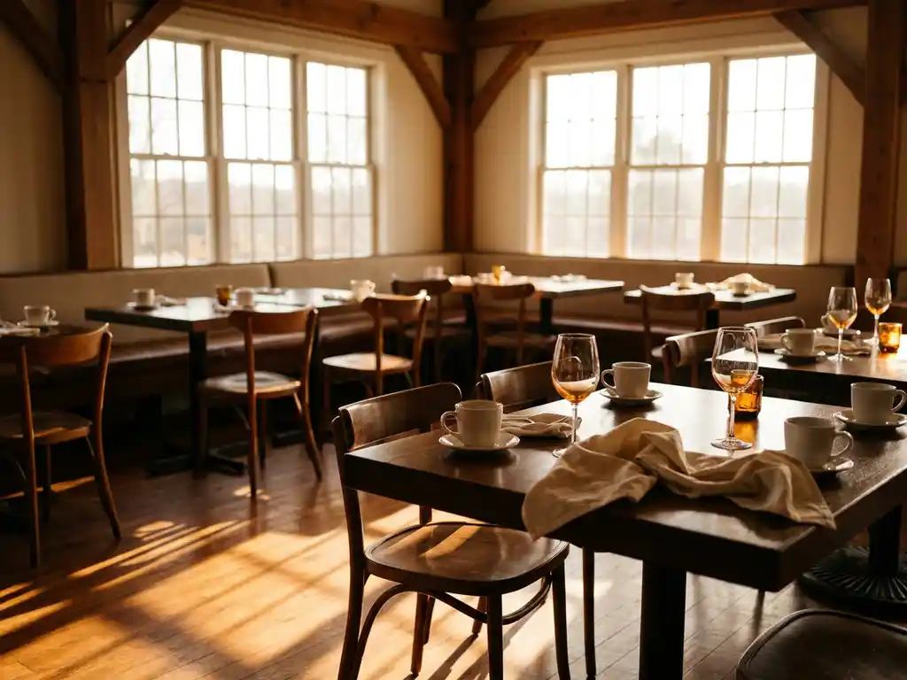 Verlaten restaurantruimte met koffiekopjes en servetten op houten tafels, warme middagzon door grote ramen