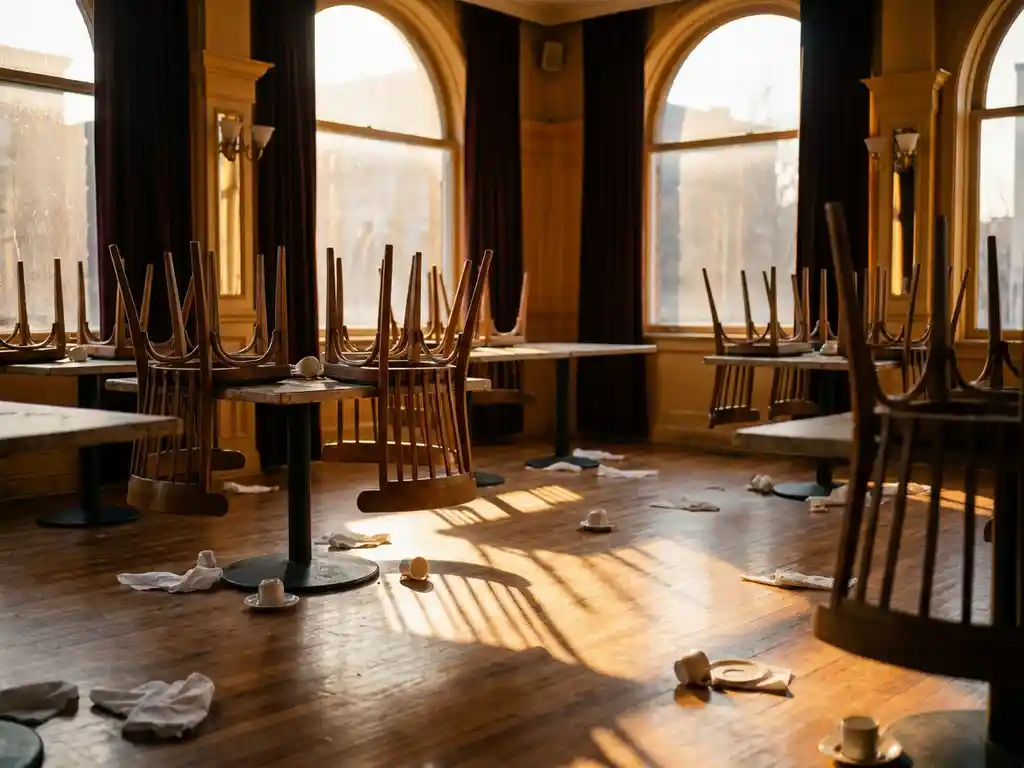 Verlaten restaurantzaal met omgekeerde stoelen op houten tafels, achtergelaten servetten en koffiekopjes in warm avondlicht