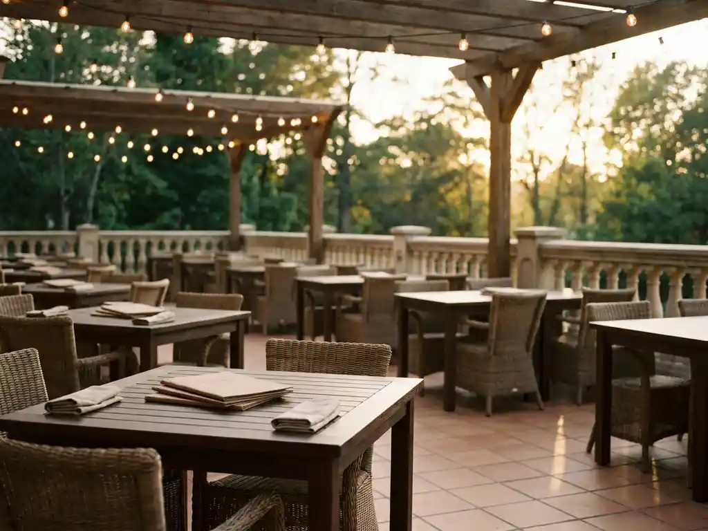 Leeg restaurantterras bij schemering met houten tafels, rieten stoelen en warme sfeerverlichting